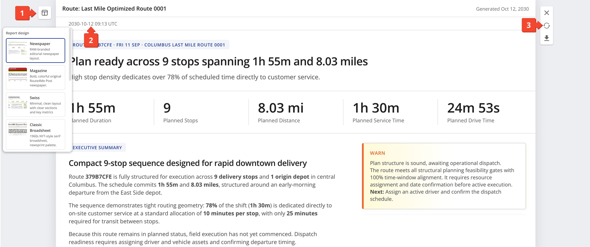 Route4Me automatically generates a report that gives you a quick overview of key insights.