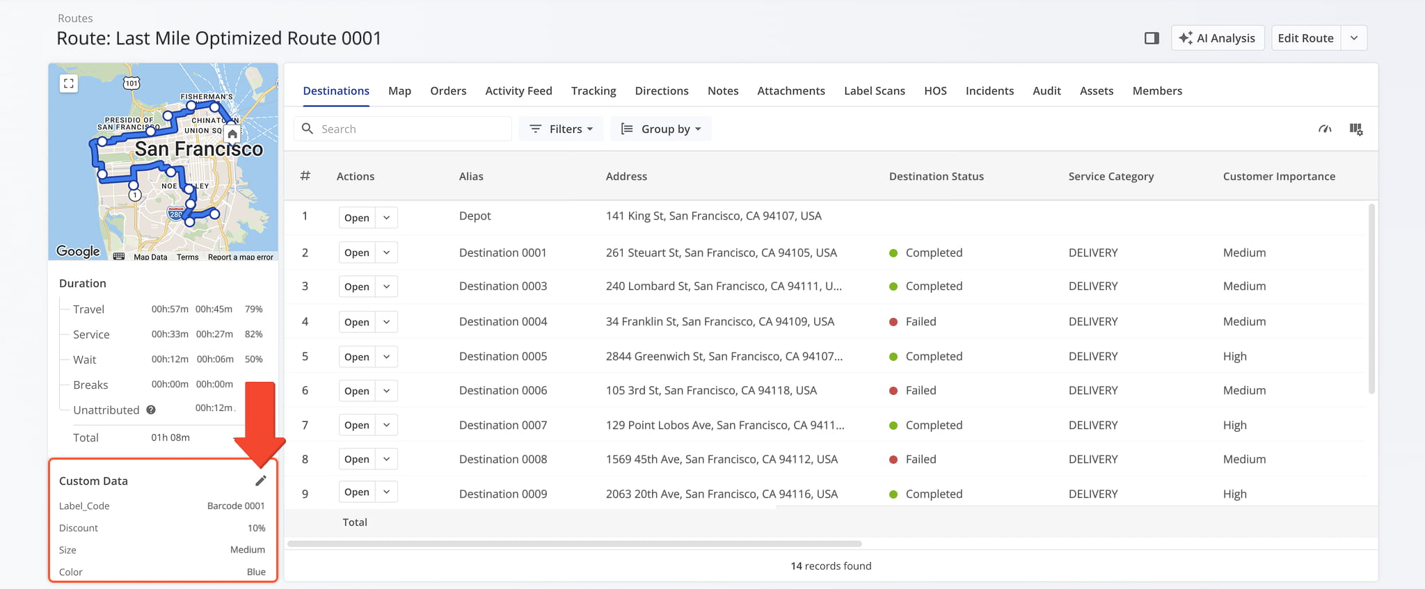 Scroll down the panel to view and manage all custom data associated with the route.