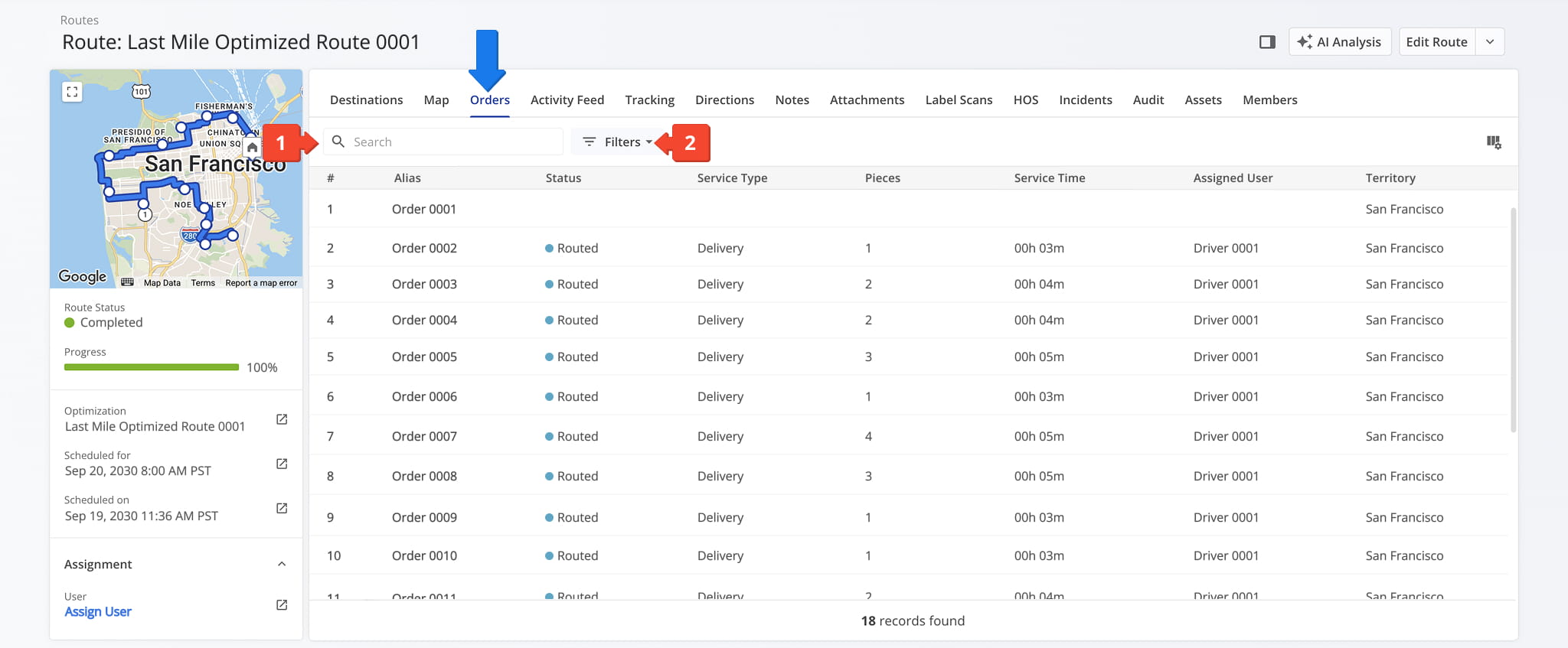 The Orders tab offers an overview of key data associated with each order on your final mile route.