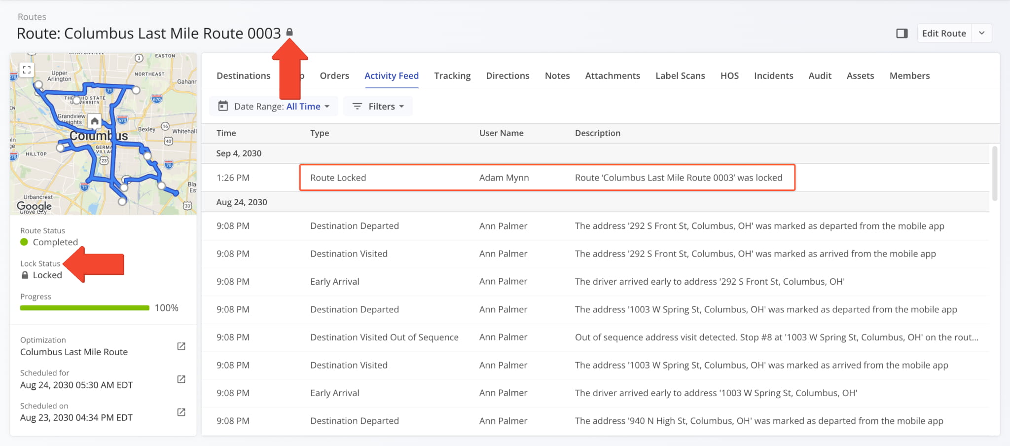 Lock Status indicator and event history in a Route Snapshot.