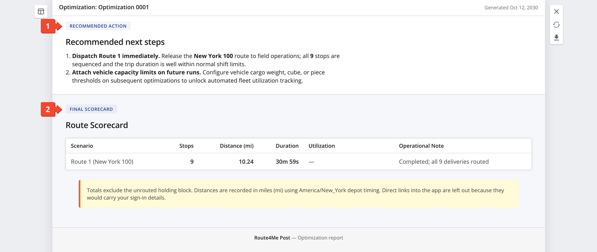 The report assesses route balance and provides recommended actions and performance summaries.