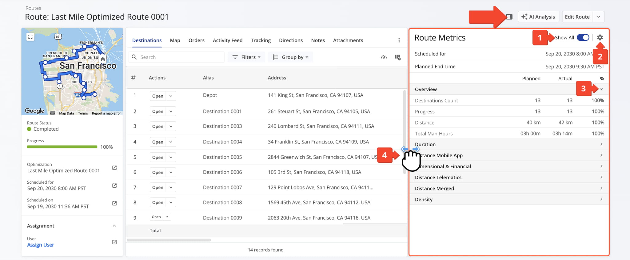 Route Snapshot showing detailed destination data and key routing metrics.