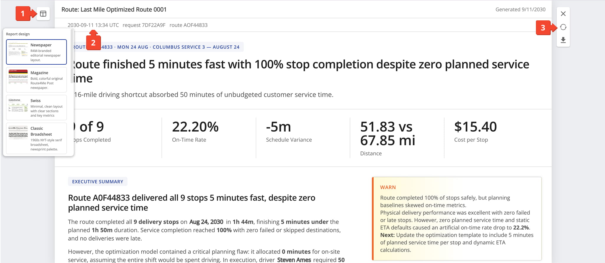 Route4Me automatically generates a report that gives you a quick overview of key insights.