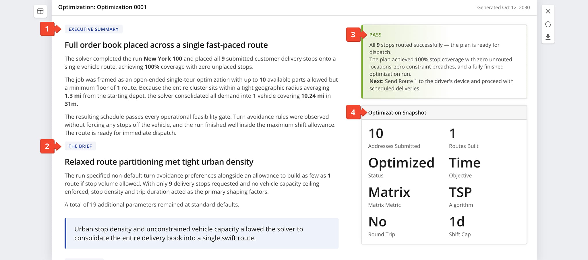 The report summarizes the optimization outcome, key factors, warnings, and configuration details.
