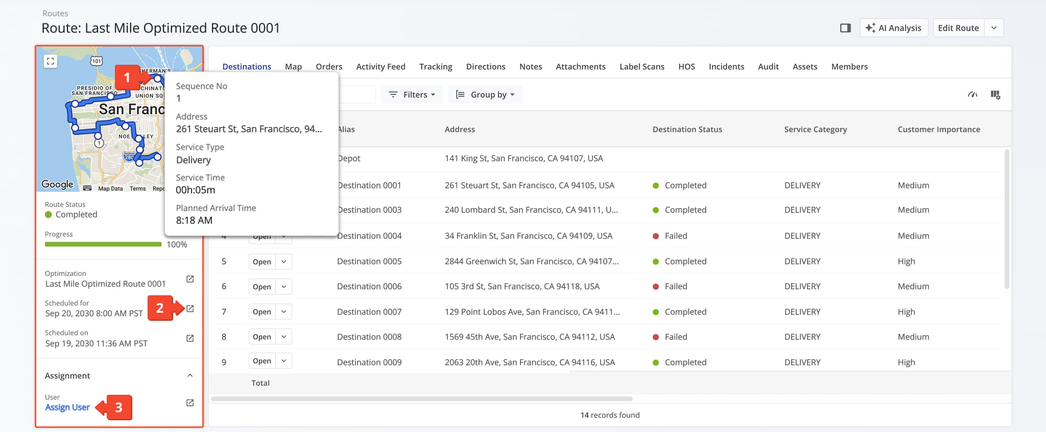The route summary panel on the Route Snapshot shows a real-time map of the route, its critical information, and more.