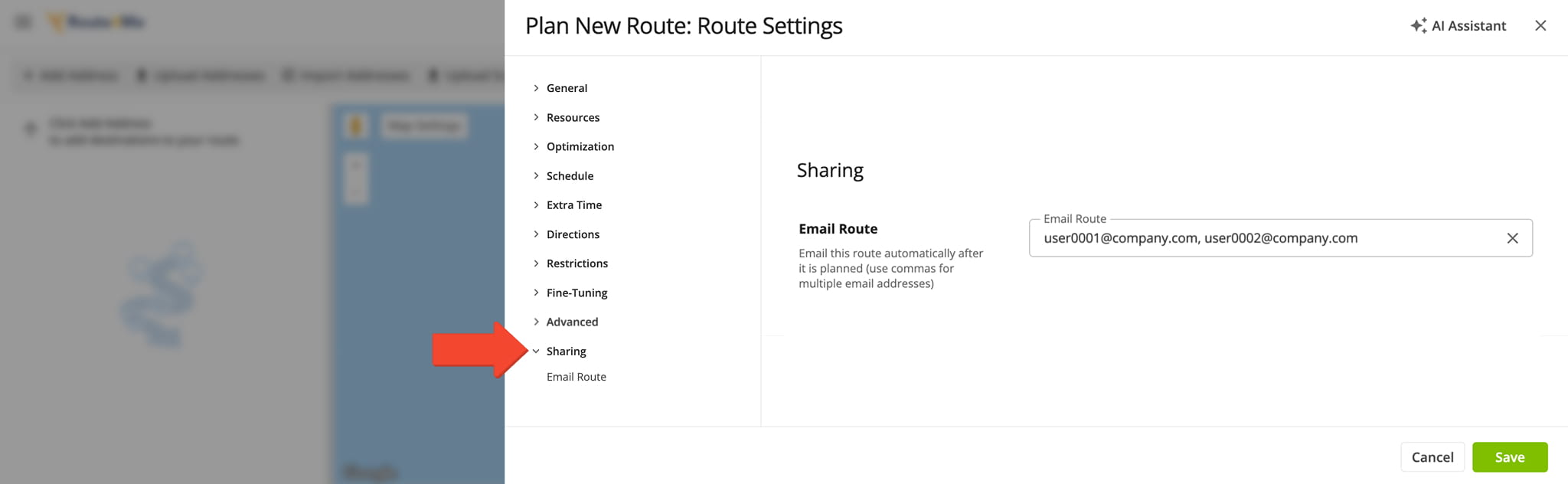 Sharing settings in the Route Settings panel, showing the Email Route field with two email addresses entered.