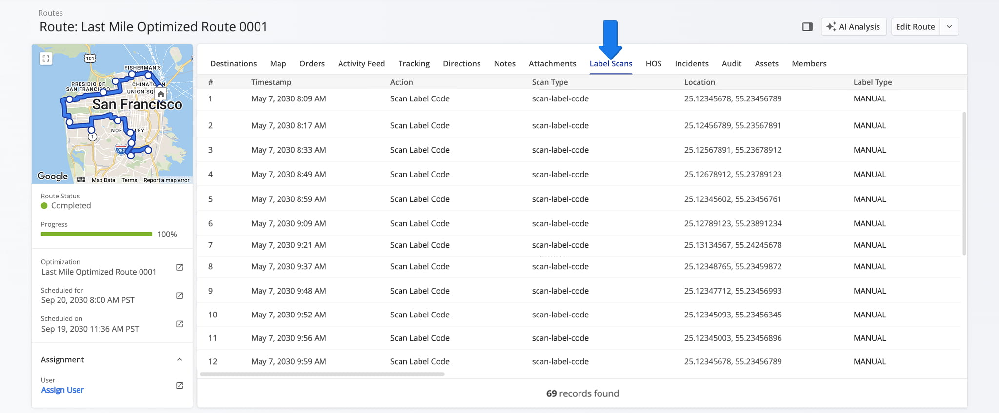 From the Label Scan tab in your Route Snapshot, you can access an overview of all scan activity associated with a route.