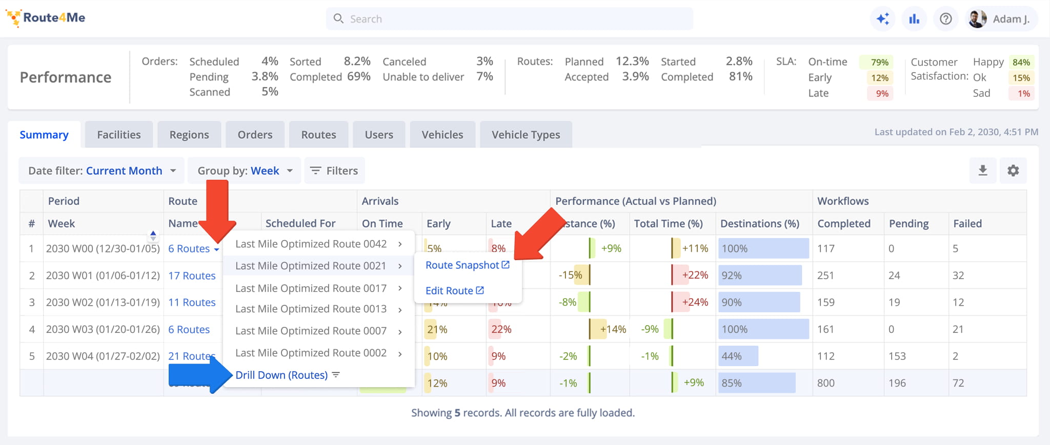 Click on a cell in the Route Name column to view all scheduled routes planned for a specific week.