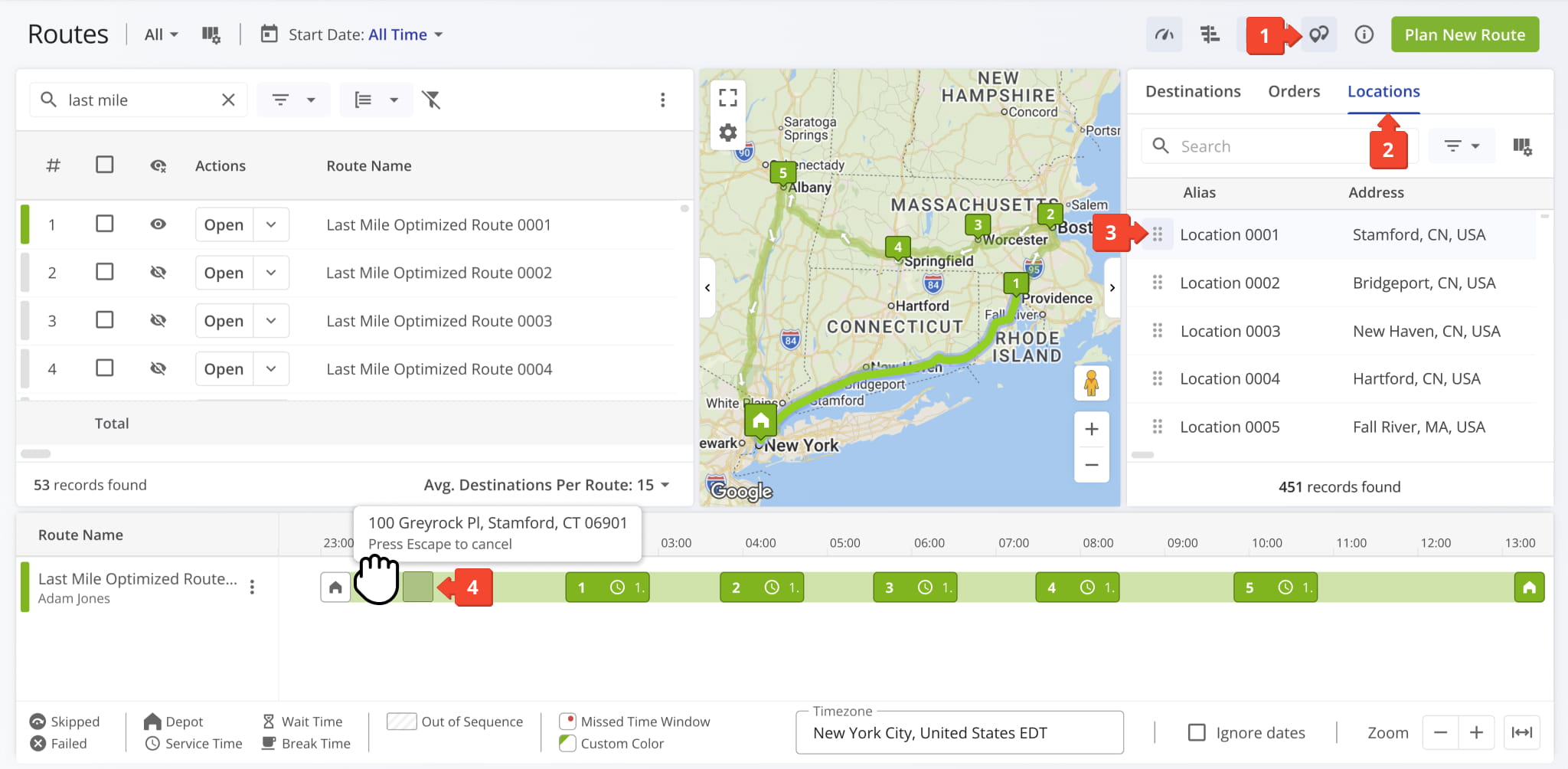 Drag and drop locations onto the Routes List timeline.