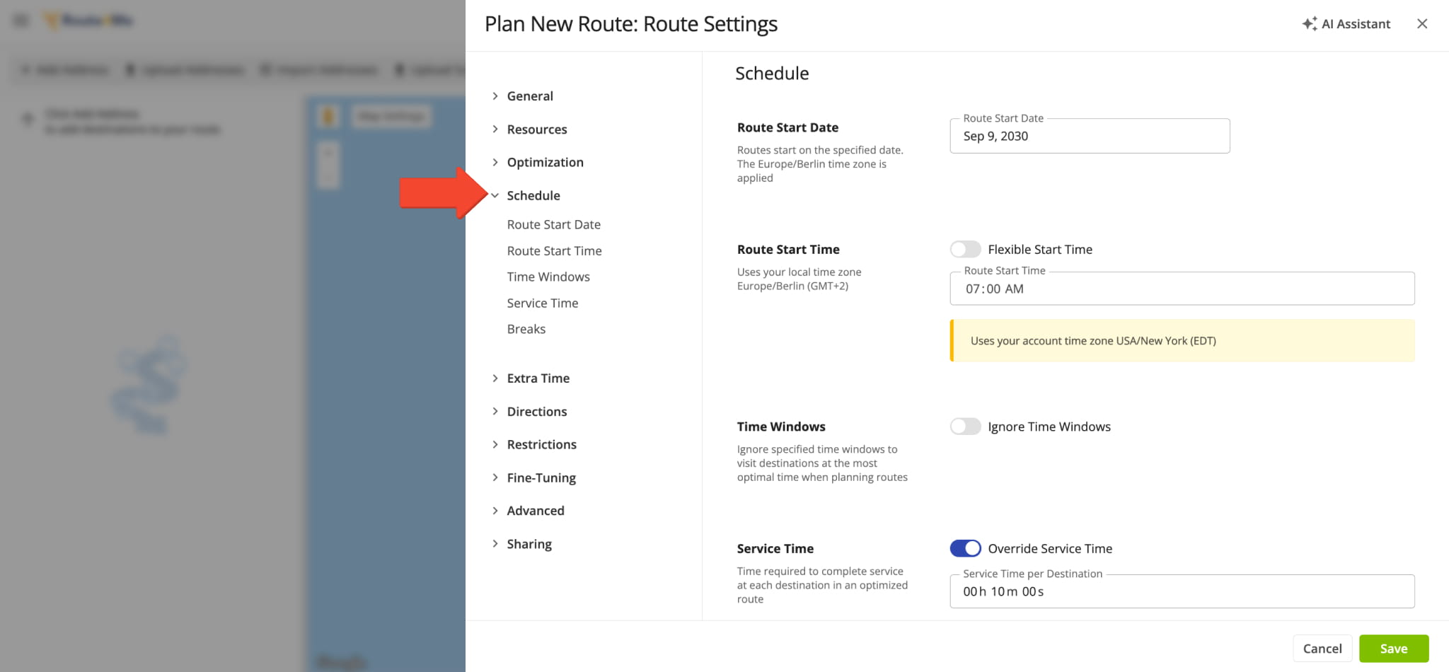 Schedule settings in the Route Settings panel, with Route Start Date, Route Start Time, Time Windows, and Service Time highlighted in order.
