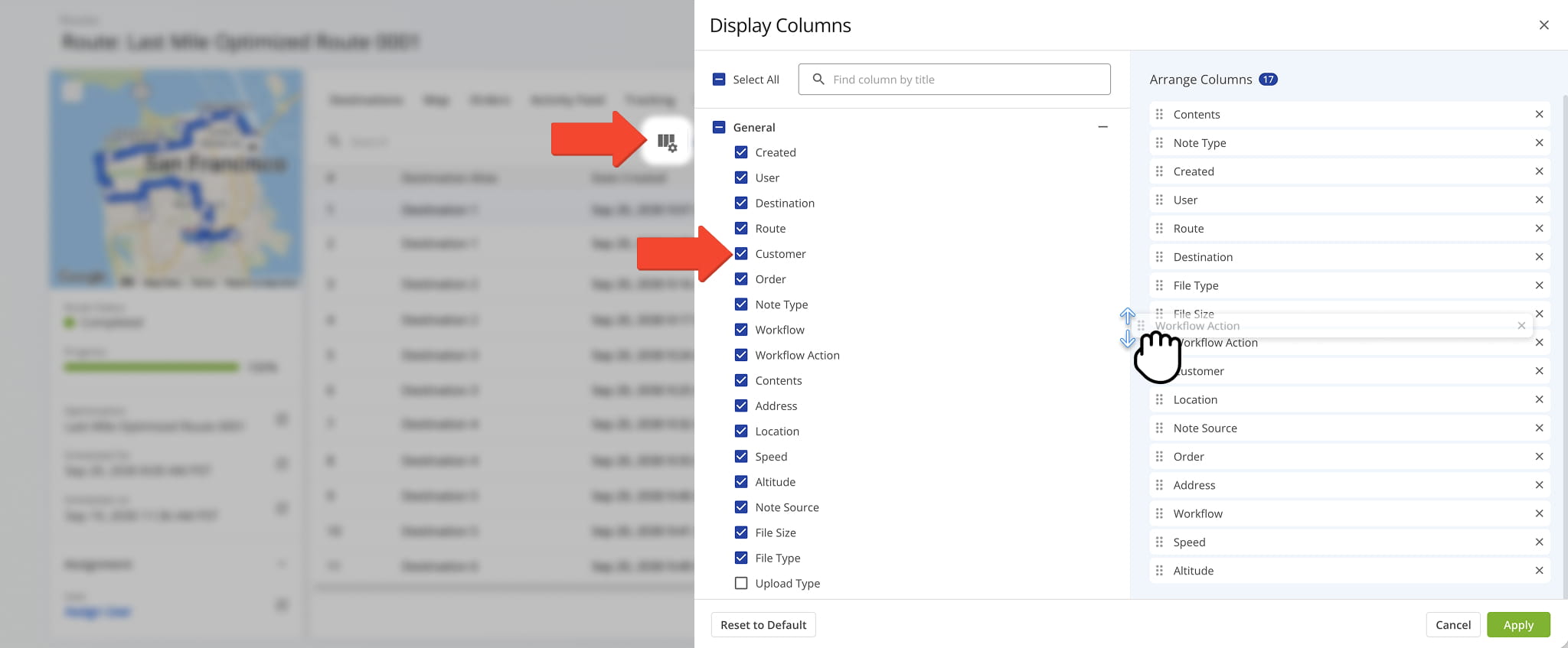 To customize data that appears on your Route Note Data Table, re-sequence data columns to meet your specific needs.