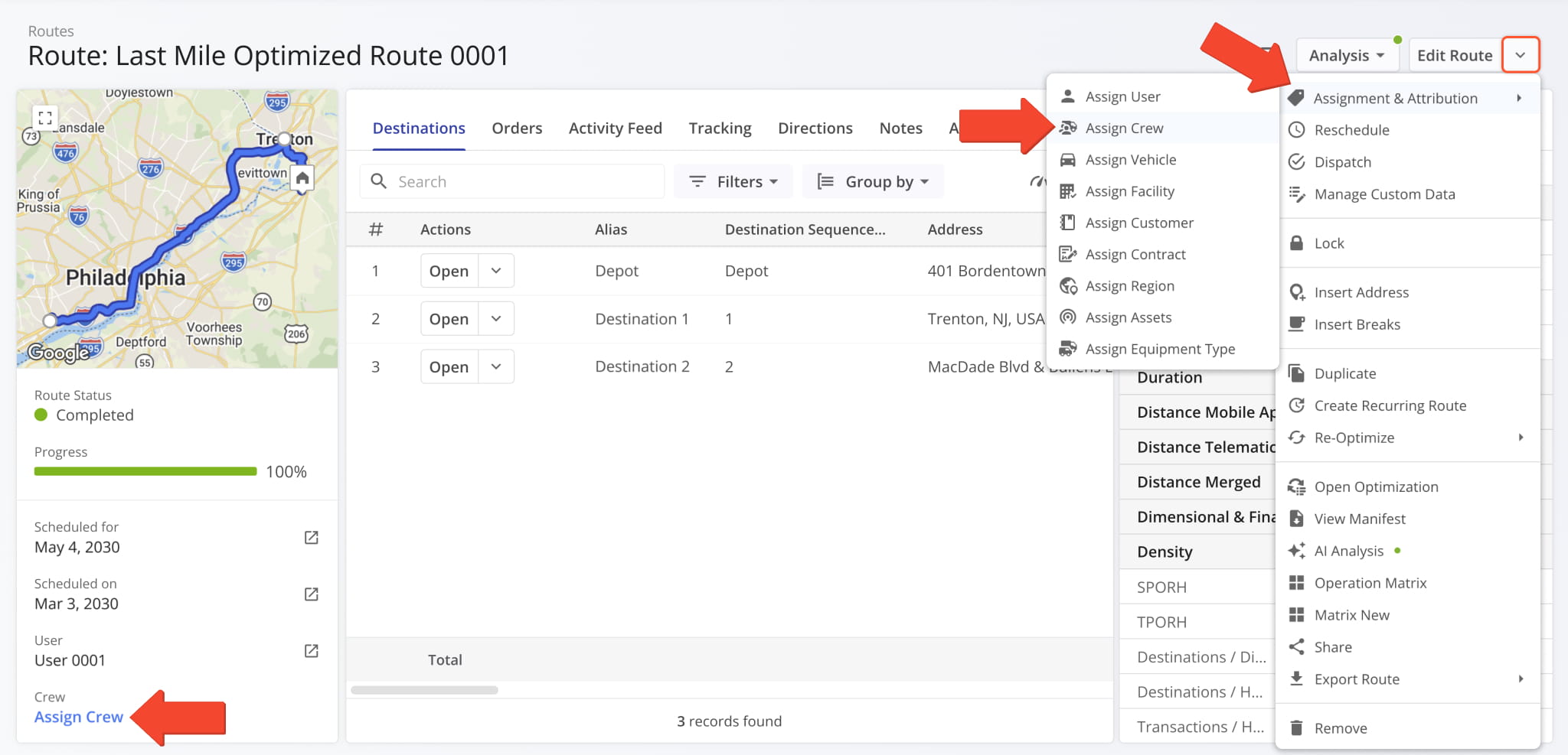 You can also assign Crews to routes from Route Snapshots.