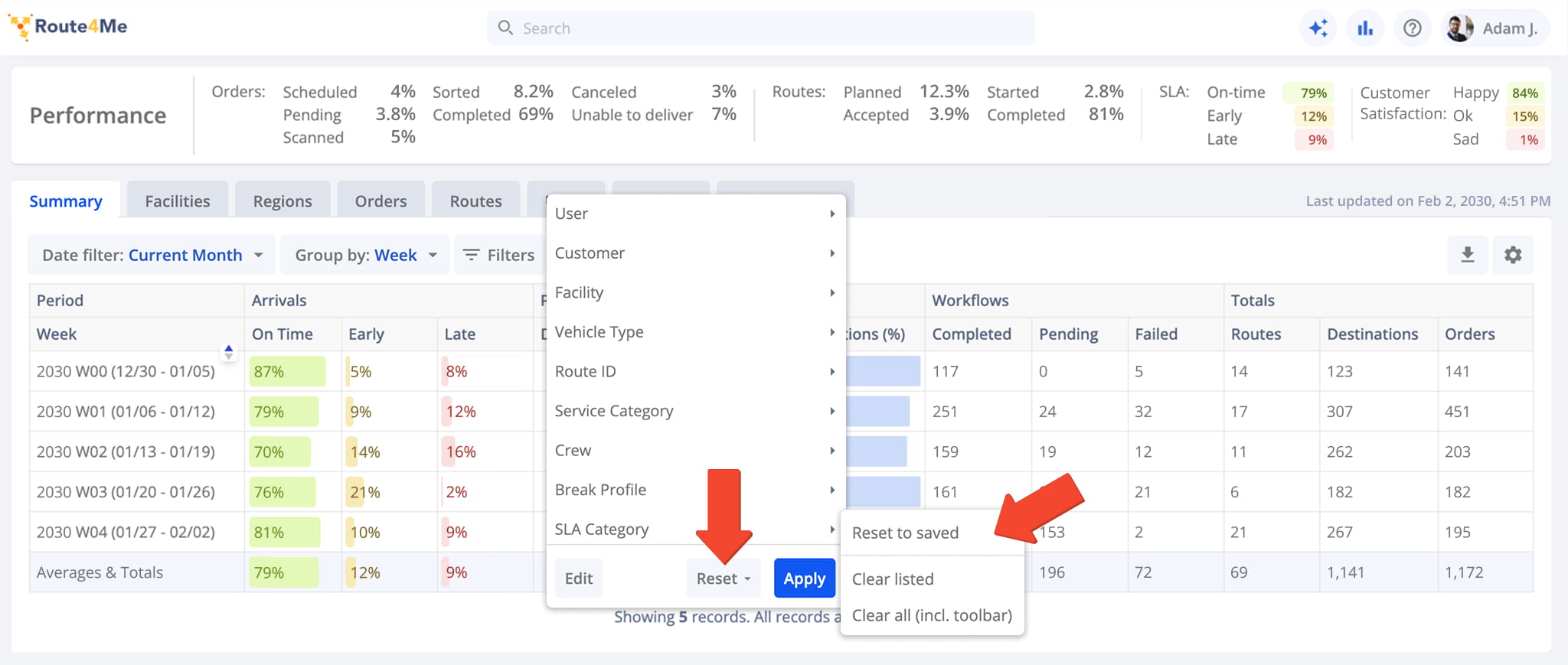 After applying filters, click Reset to clear them.