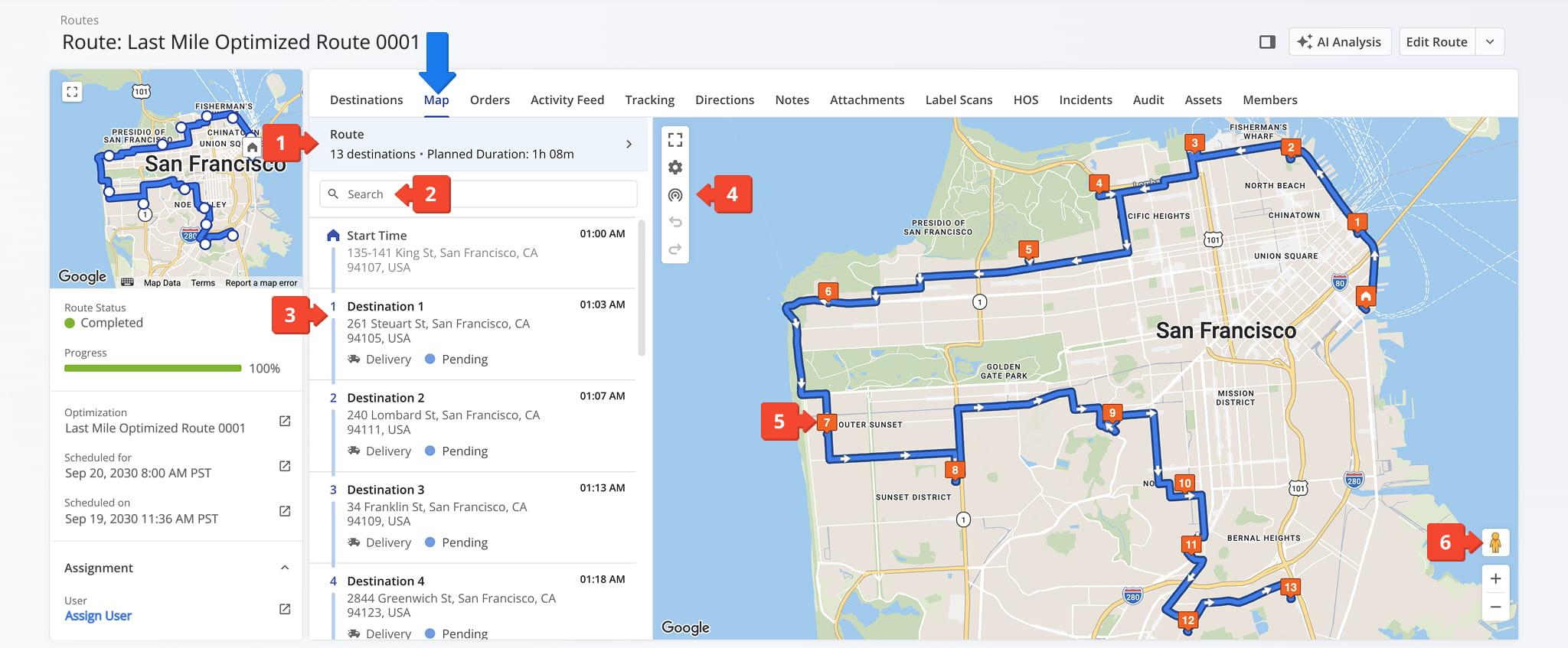 Open the Map tab provides to view a visual overview of the route.