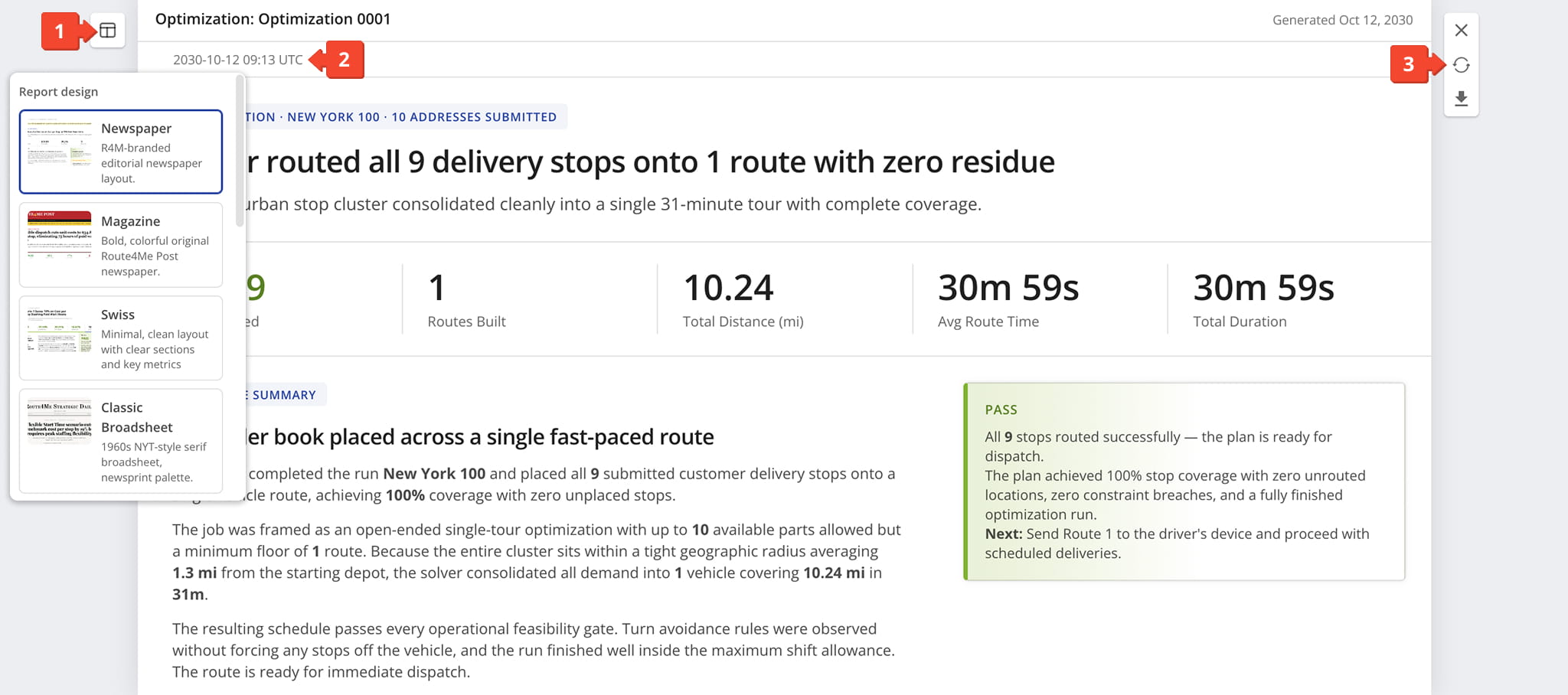 Route4Me automatically generates a customizable report summarizing key optimization insights.