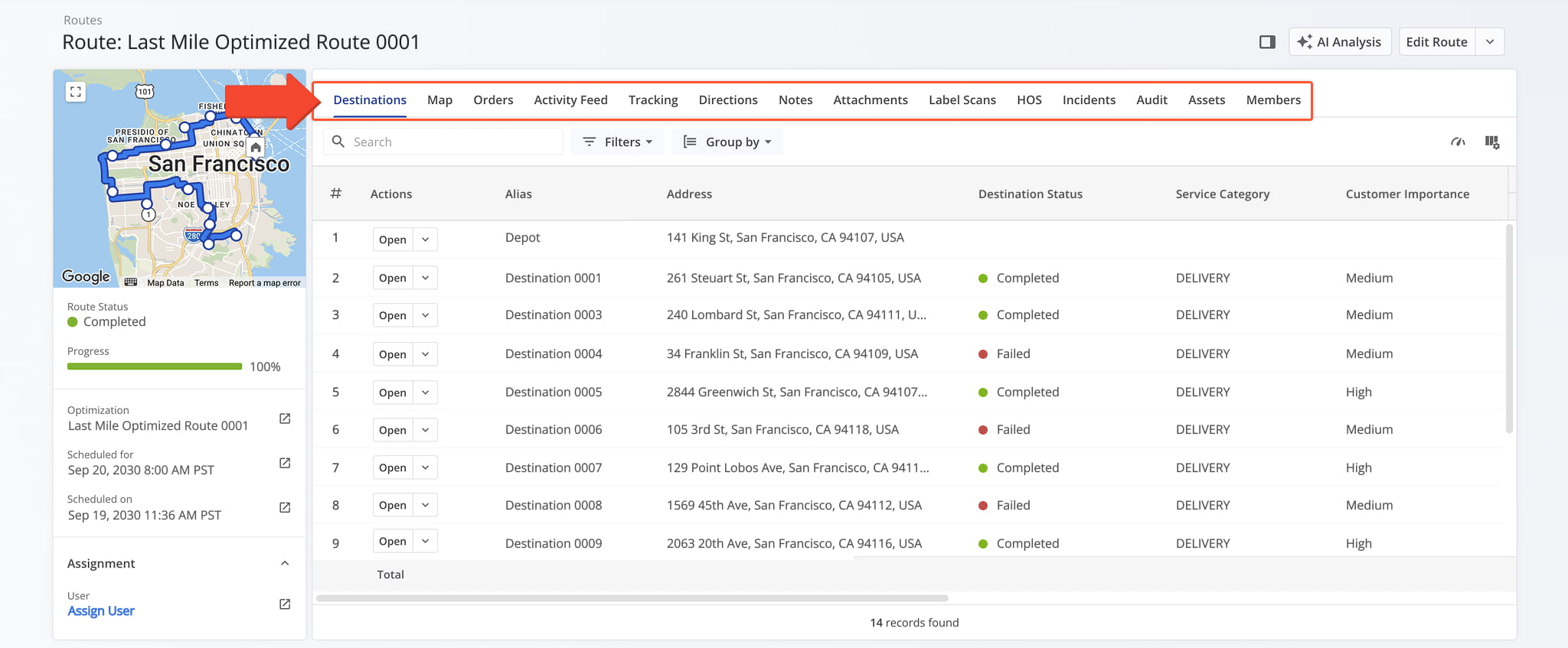 The Route Snapshot has different tabs corresponding to the type of associated data.