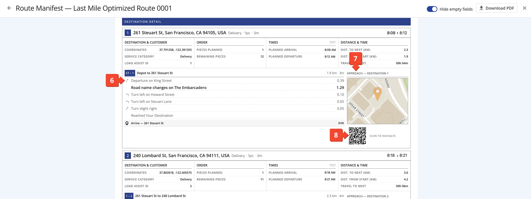 The Destination Detail section also includes turn-by-turn directions.