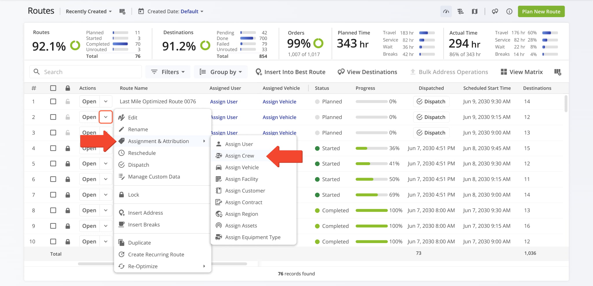 Assign a Crew to planned and optimized routes on the Route4Me Routes Page.