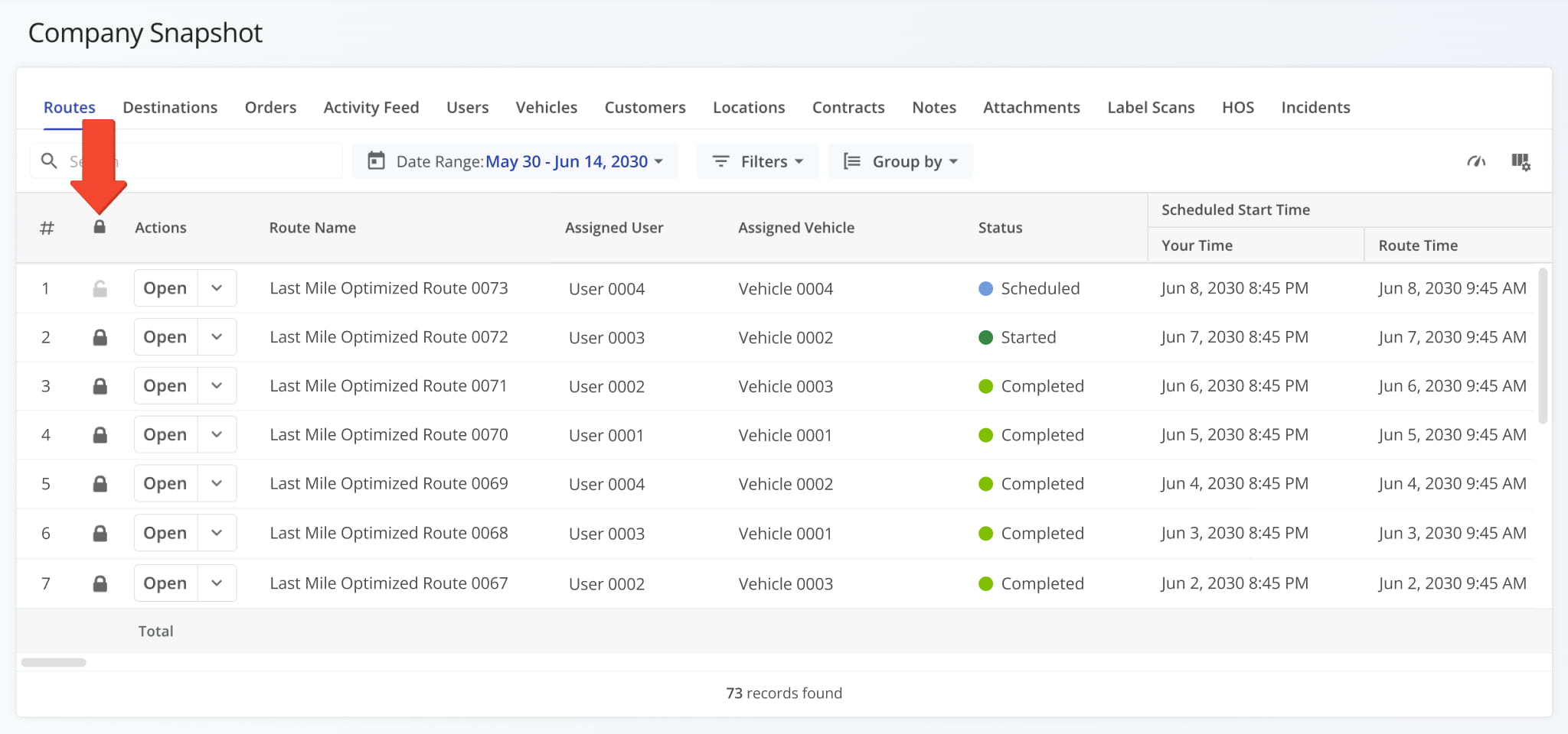 Route Lock Status column in the Routes tab of a Company Snapshot.