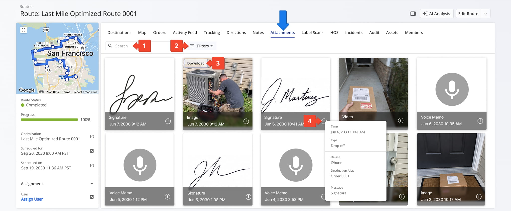 From the Attachments tab, view all images, signatures, videos, and voice memos attached to destinations on the route.