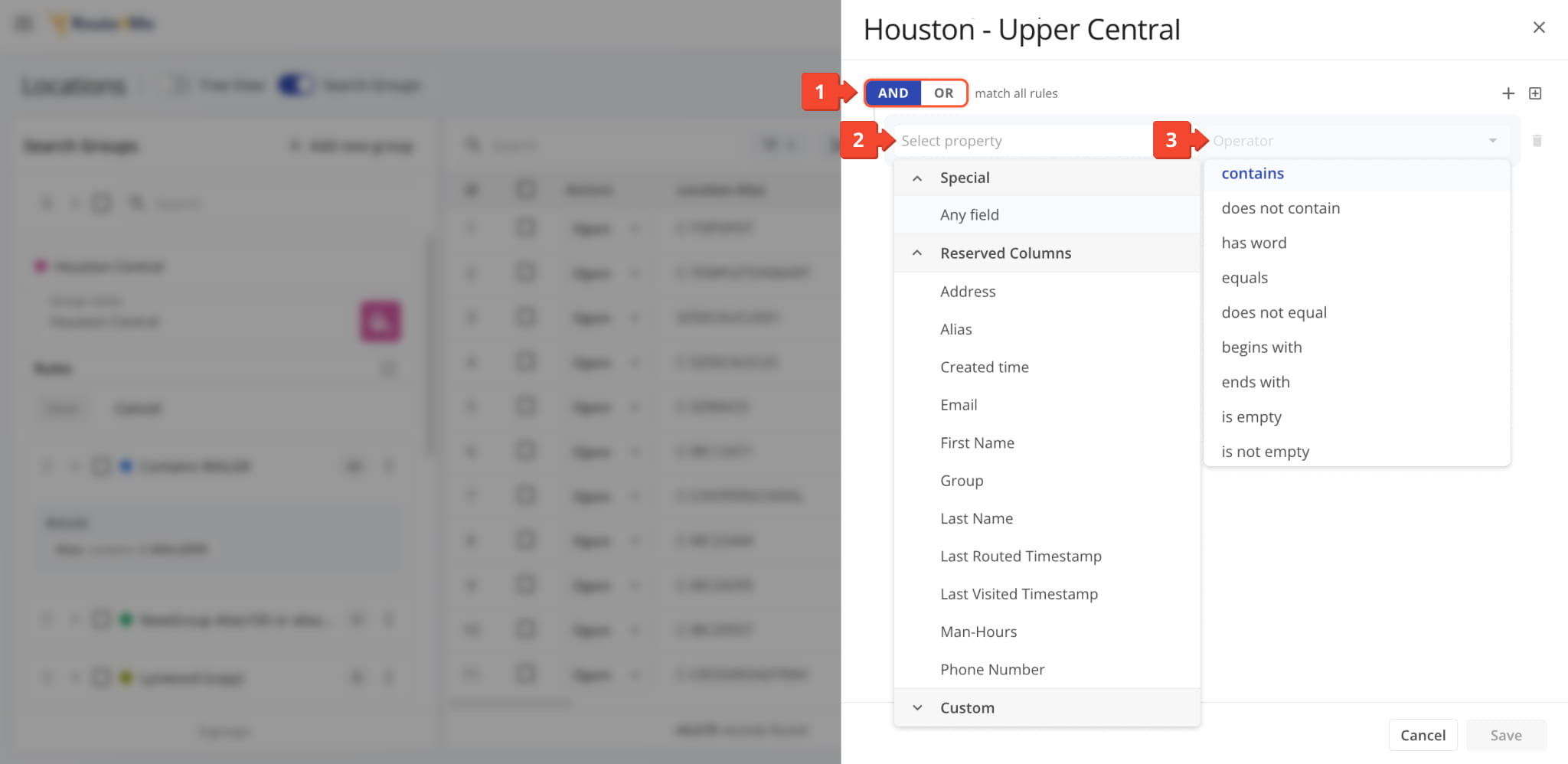 Search Group rules editor with the AND/OR toggle and the property list showing the Special, Reserved Columns, and Custom sections next to the operator list.