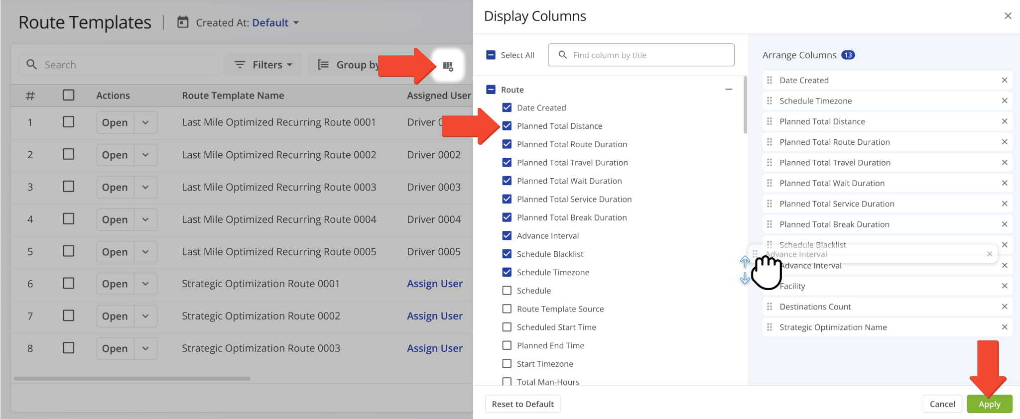 You can also customize the data columns shown on your Recurring Routes page.