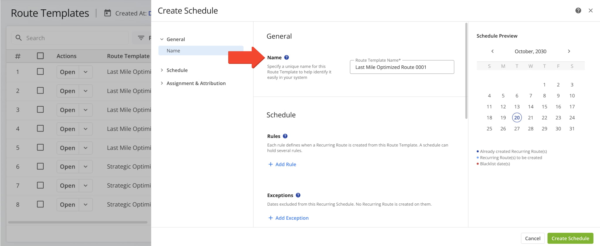 To create a recurring schedule, give your master route a name and assign a user and vehicle.