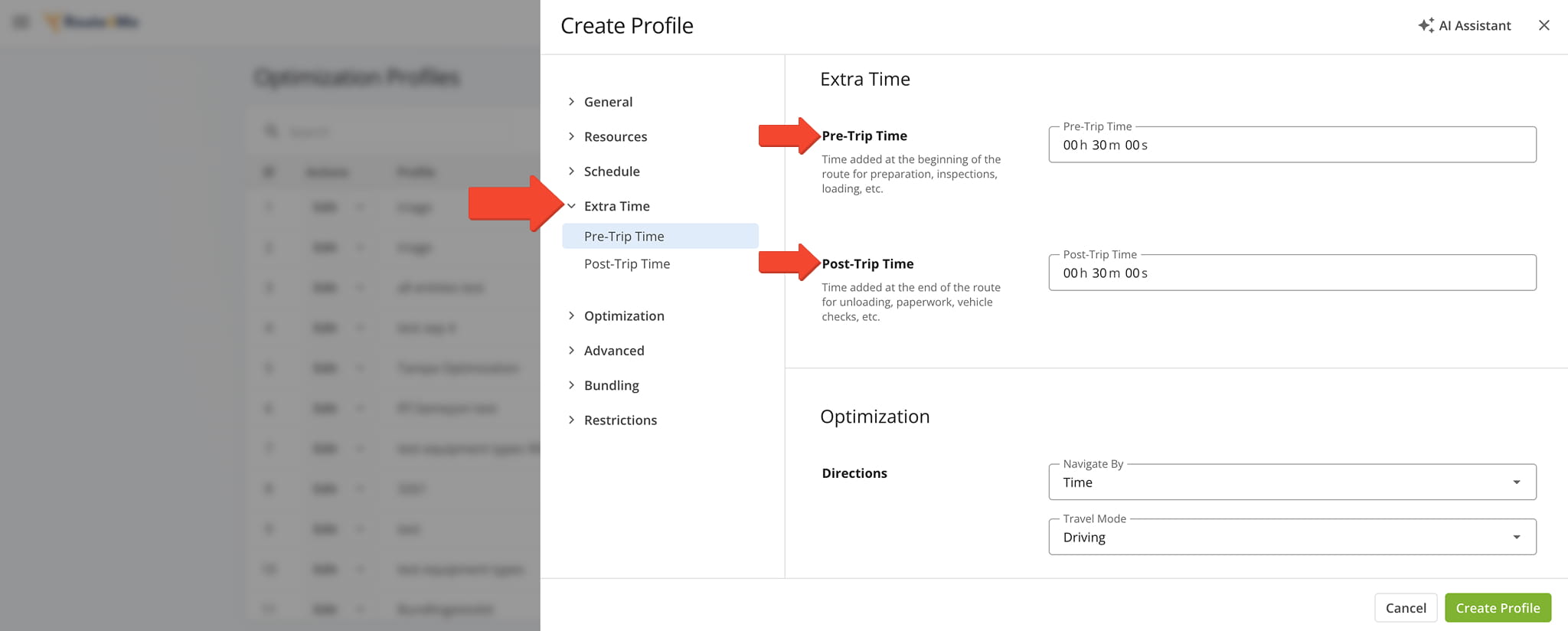 Configure pre-trip and post-trip time in Optimization Profiles.