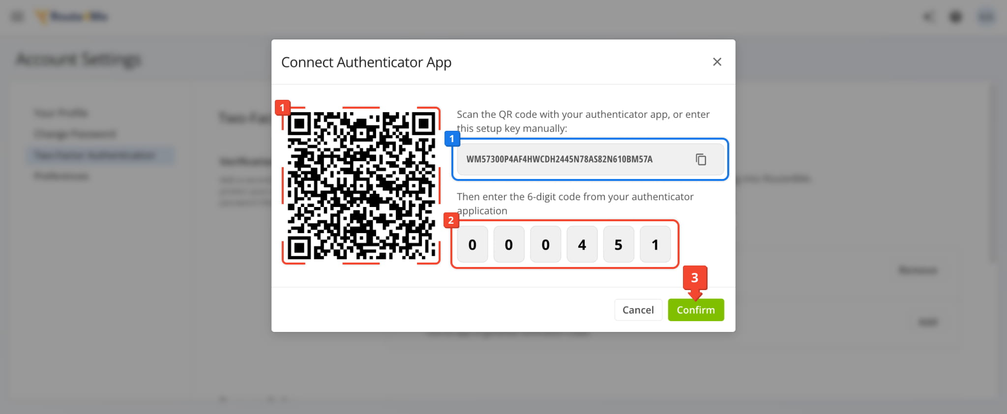 Scanning the QR code or copying the setup key and entering the app code in the Connect Authenticator App window.