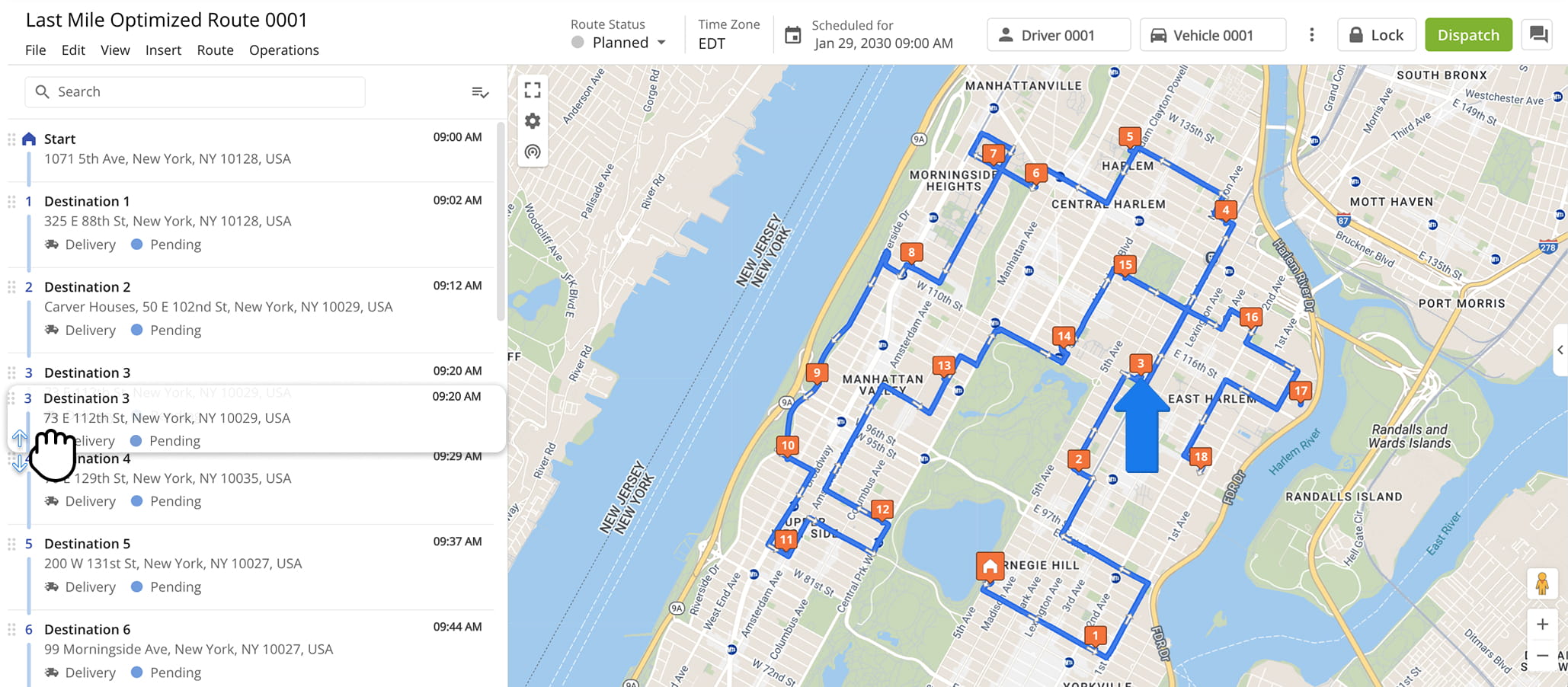 From the Route Editor, drag and drop into destination to re-sequence its position within the route.