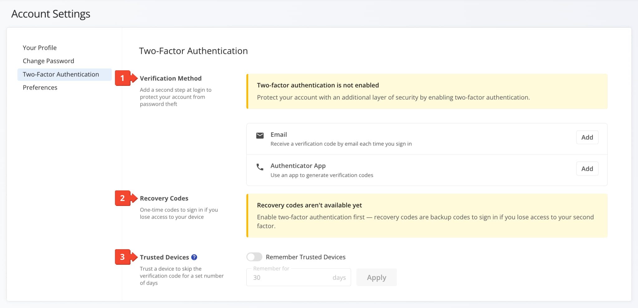 Two-Factor Authentication section in Route4Me Account Settings with Verification Method, Recovery Codes, and Trusted Devices.