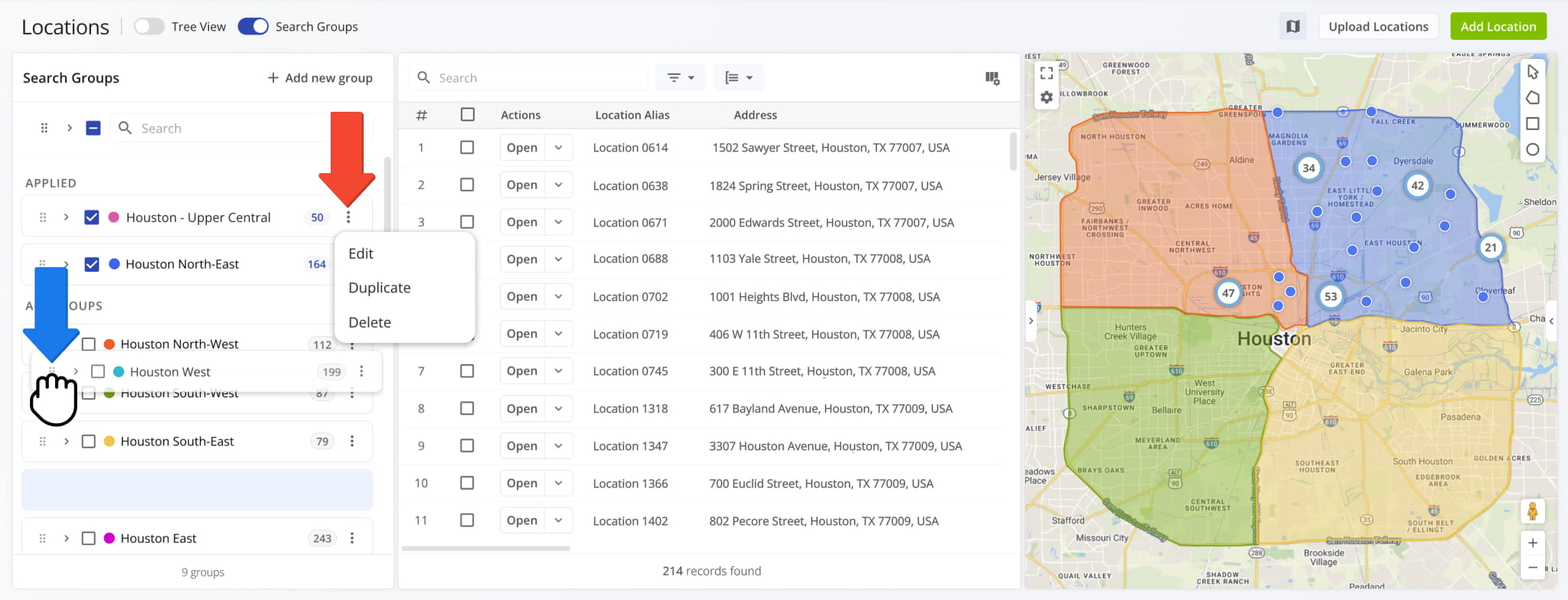 Applied Search Group with its Three Dots menu open, showing the Edit, Duplicate, and Delete options.