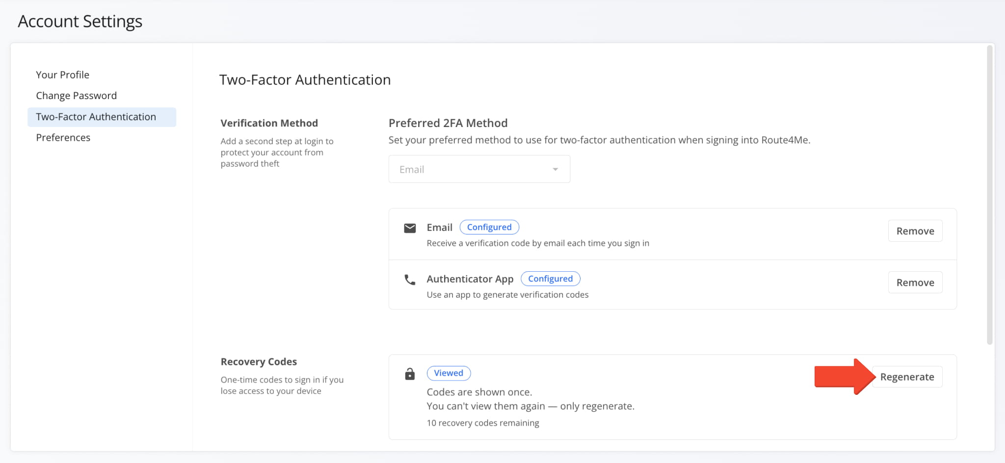 Regenerating 2FA recovery codes in Route4Me Account Settings.