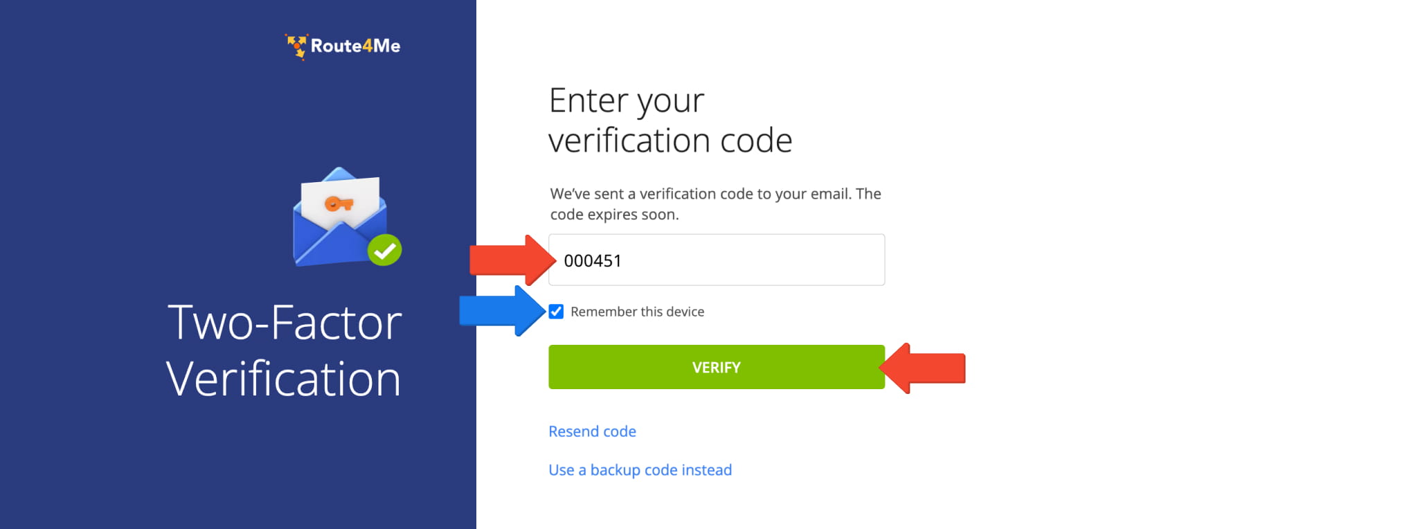 Entering the 2FA verification code and checking Remember this device on the Route4Me Two-Factor Verification page.