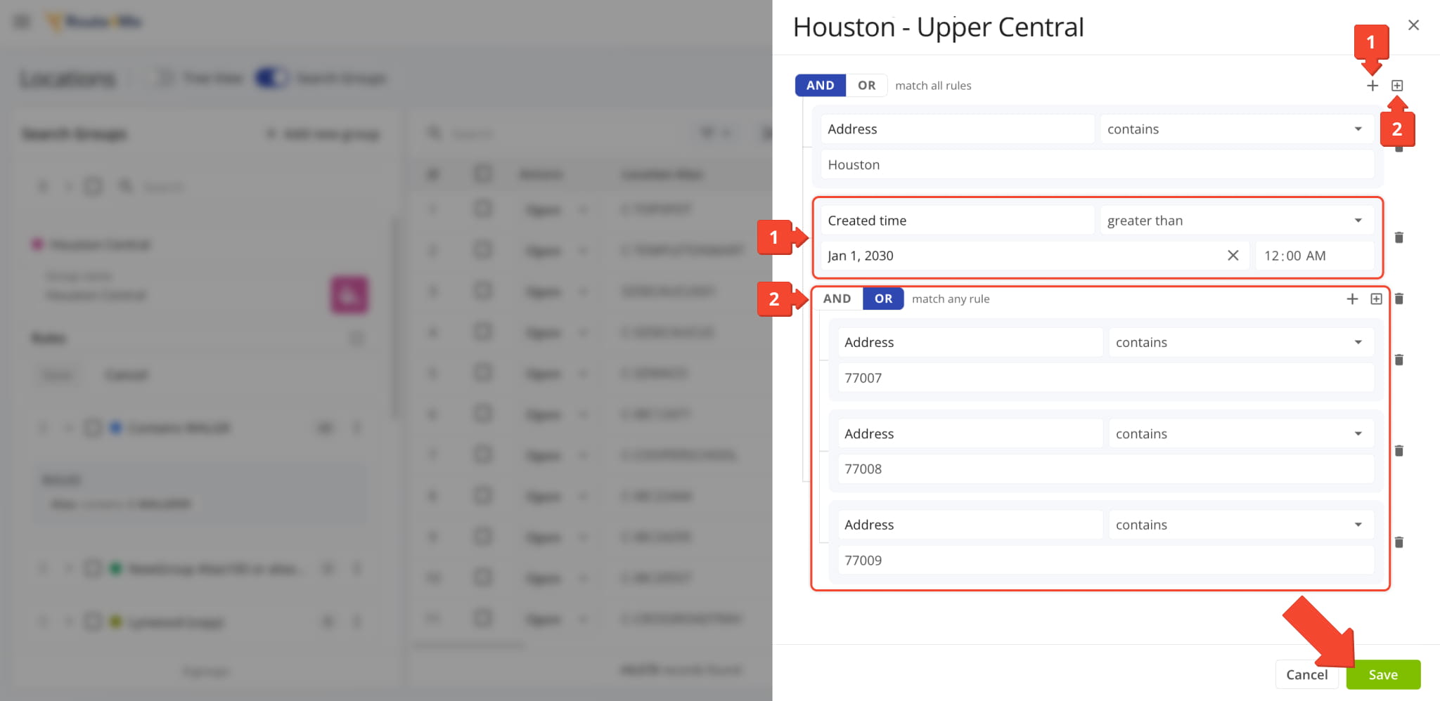 Search Group rules editor with an Address rule, a Created time rule, and a nested OR rule group matching three ZIP codes, with the Save button highlighted.