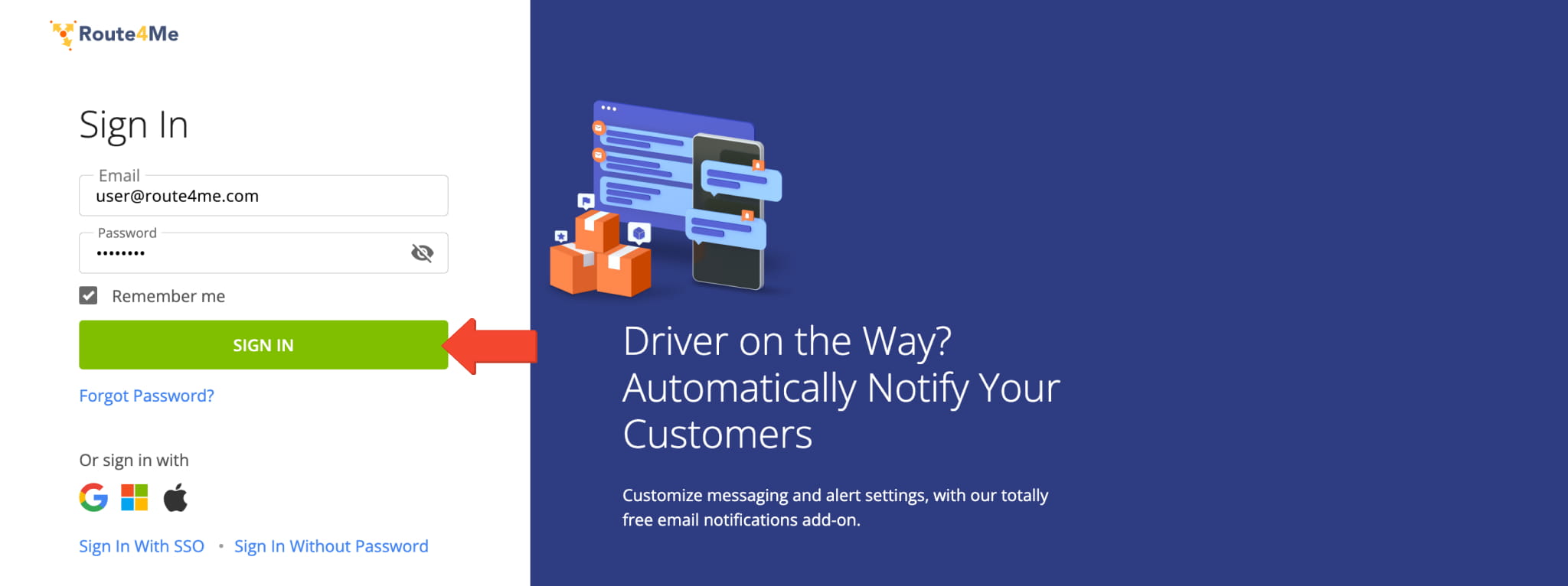 Signing in to Route4Me with email and password before 2FA verification.