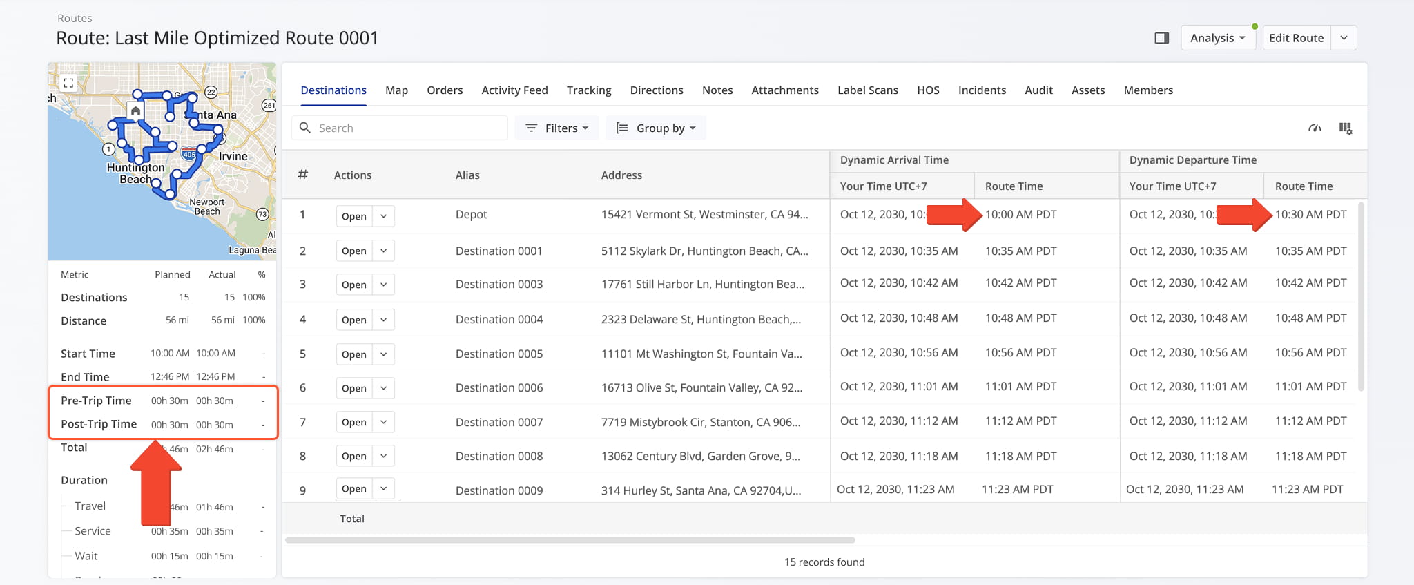 View adjusted route times in a route snapshot.