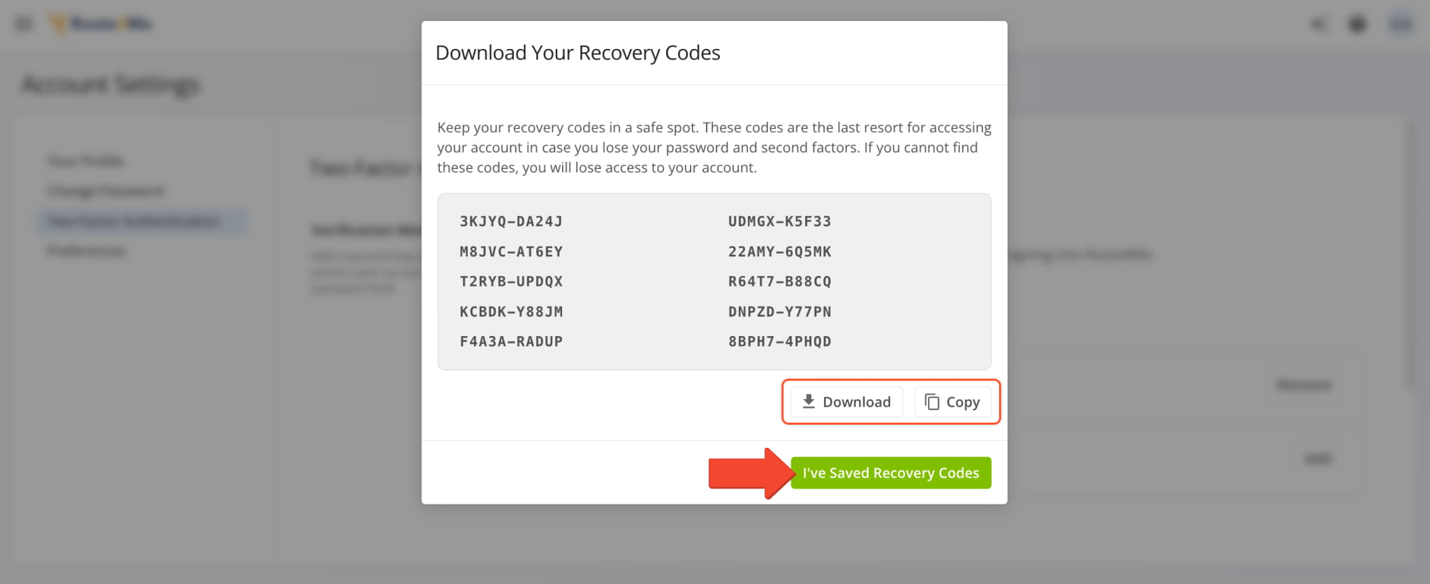 Downloading or copying 2FA recovery codes in the Download Your Recovery Codes window.