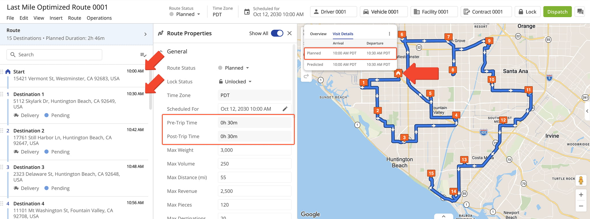 Add time at the beginning and end of a route to accurately account for non-driving time needed to set up or wrap up a planned route.