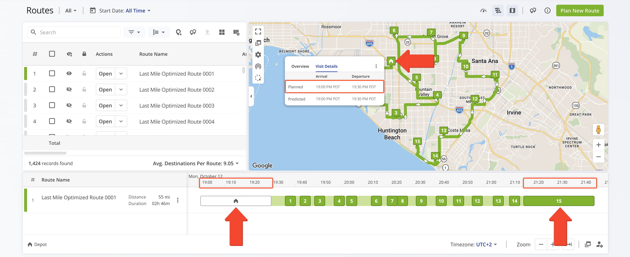 View schedule pre-trip time in the routes timeline.