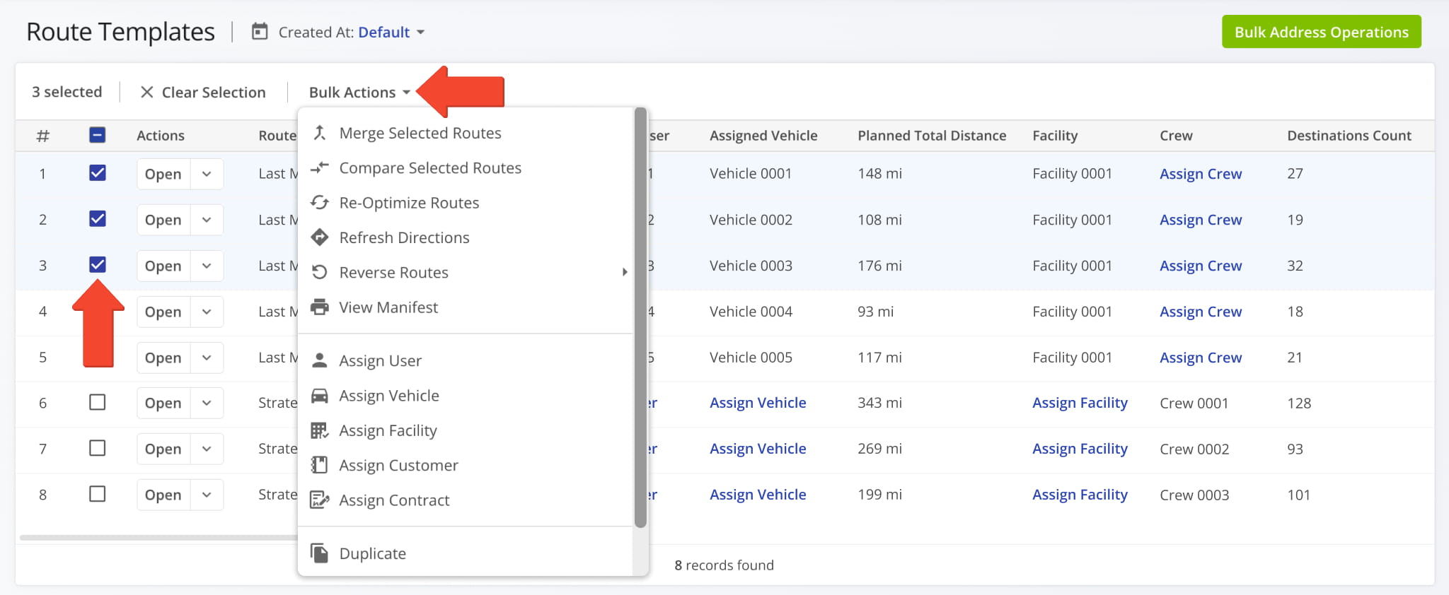 To manage multiple Master Routes at the same time, check the boxes next to them and click Bulk Actions.