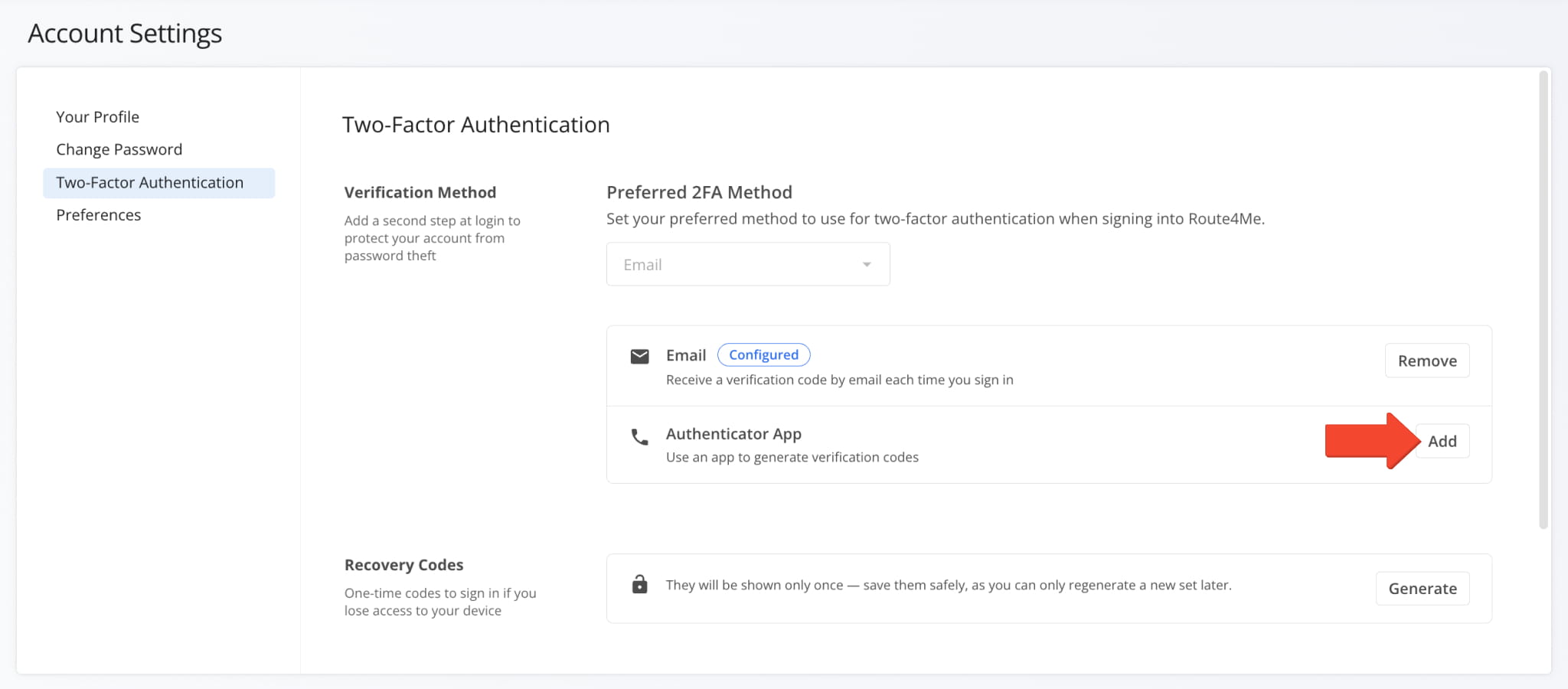 Adding an authenticator app as a second 2FA method in Route4Me Account Settings.
