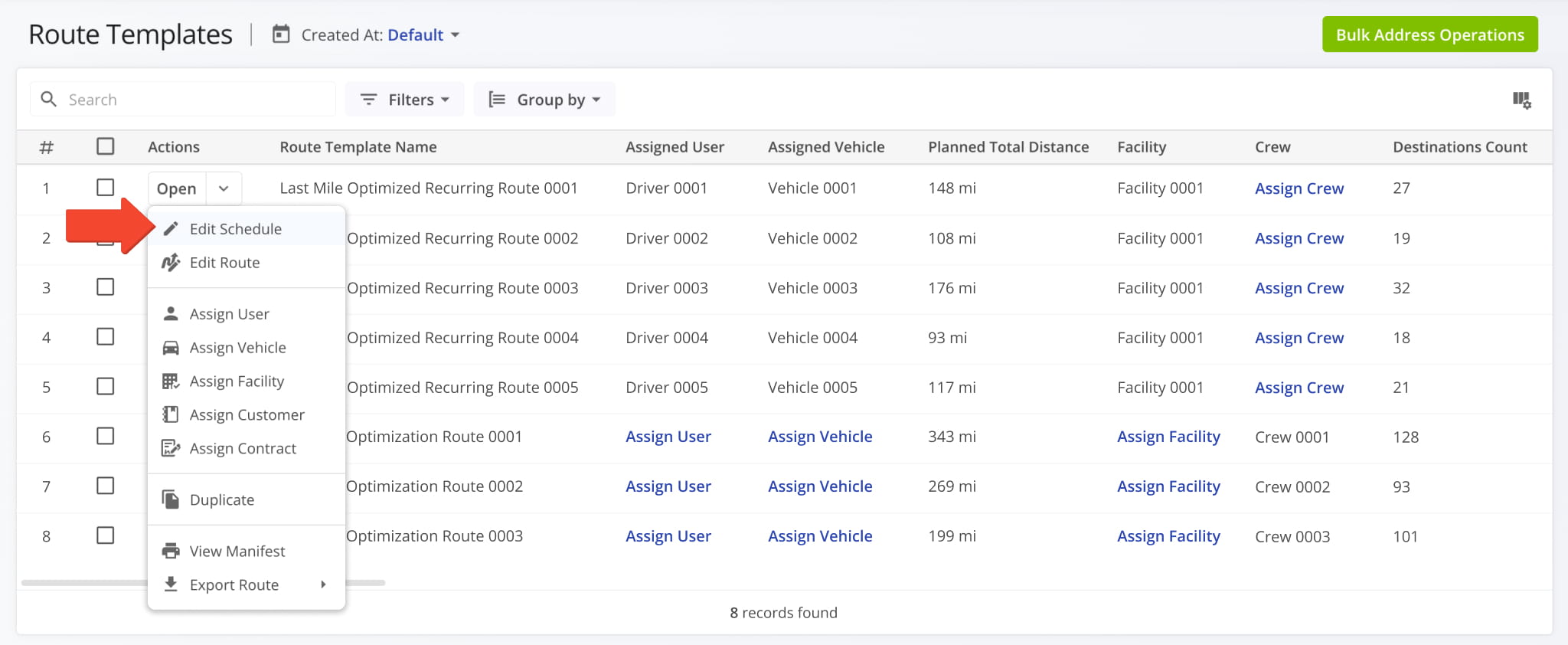 View and manage all Recurring Schedules on the Recurring Routes page.