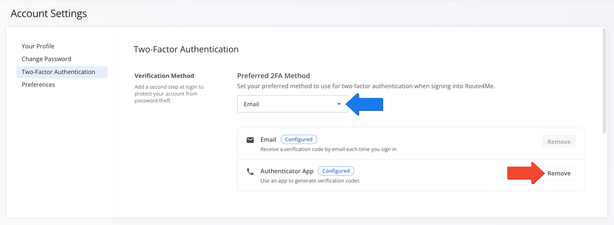 Removing a 2FA method in Route4Me Account Settings, where the preferred method cannot be removed.