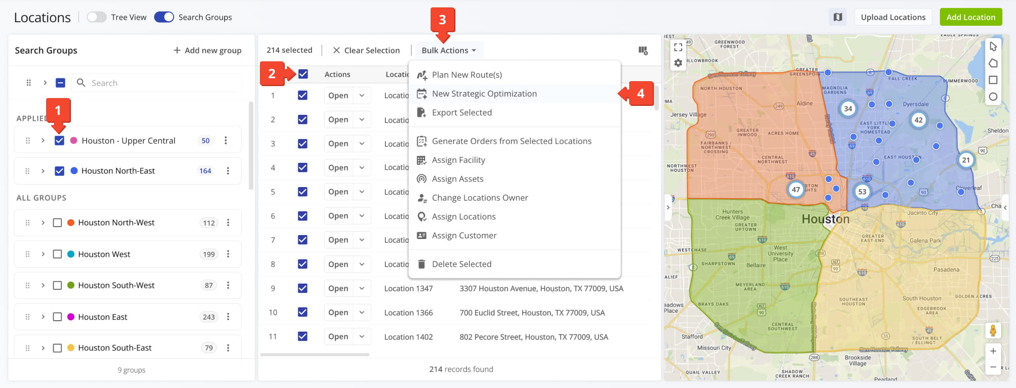 Locations Page with a Search Group applied, 214 Locations selected, and New Strategic Optimization highlighted in the Bulk Actions menu.