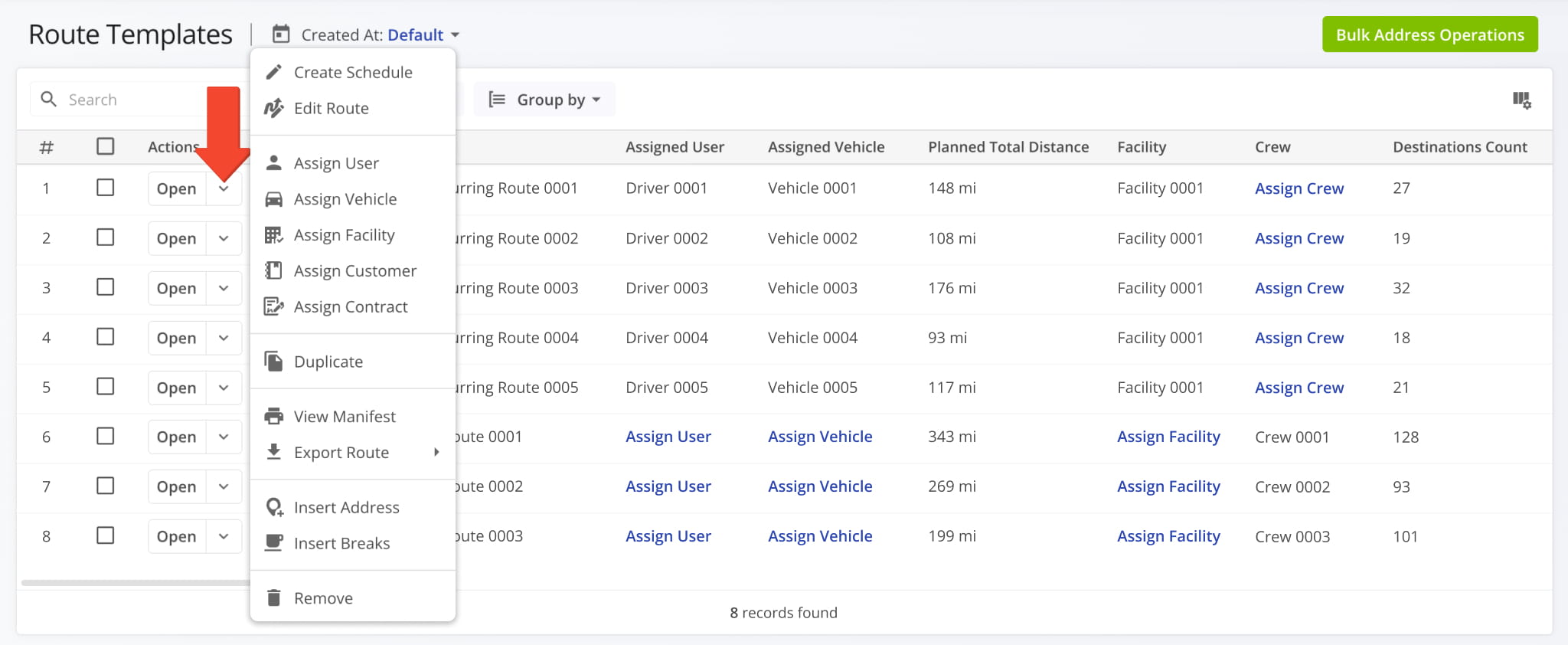 View and manage all Recurring Schedules on the Route Templates page.