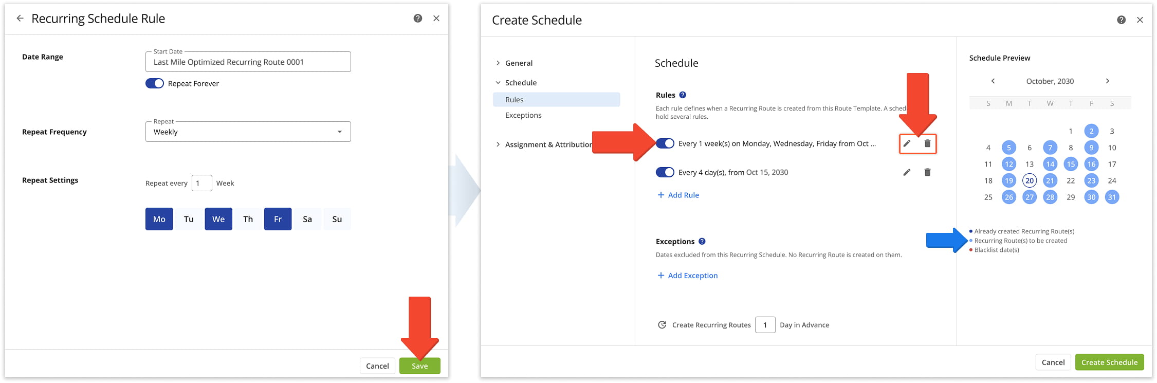 Create a schedule by defining date range, frequency, and repeat rules.