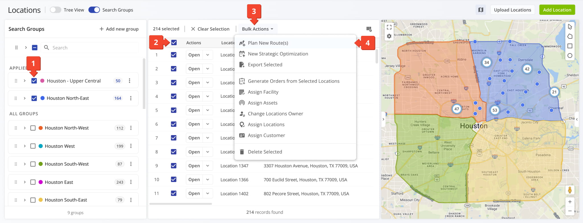 Locations Page with a Search Group applied, 214 Locations selected, and Plan New Route(s) highlighted in the Bulk Actions menu.
