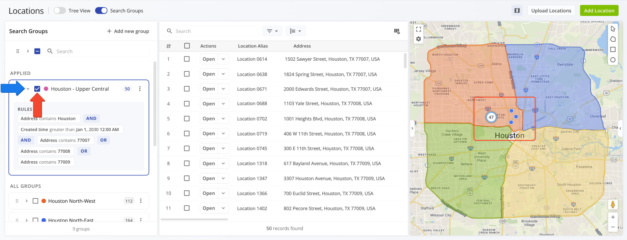 Locations Page with the Houston - Upper Central Search Group applied, its rules expanded in the panel, and the Locations list and map filtered to 50 matching Locations.