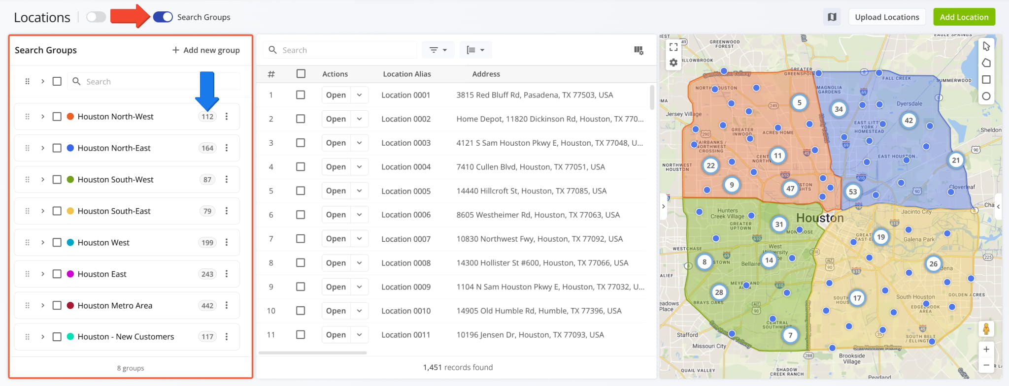 Locations Page with the Search Groups toggle turned on and the Search Groups panel listing groups with their matching Location counts.